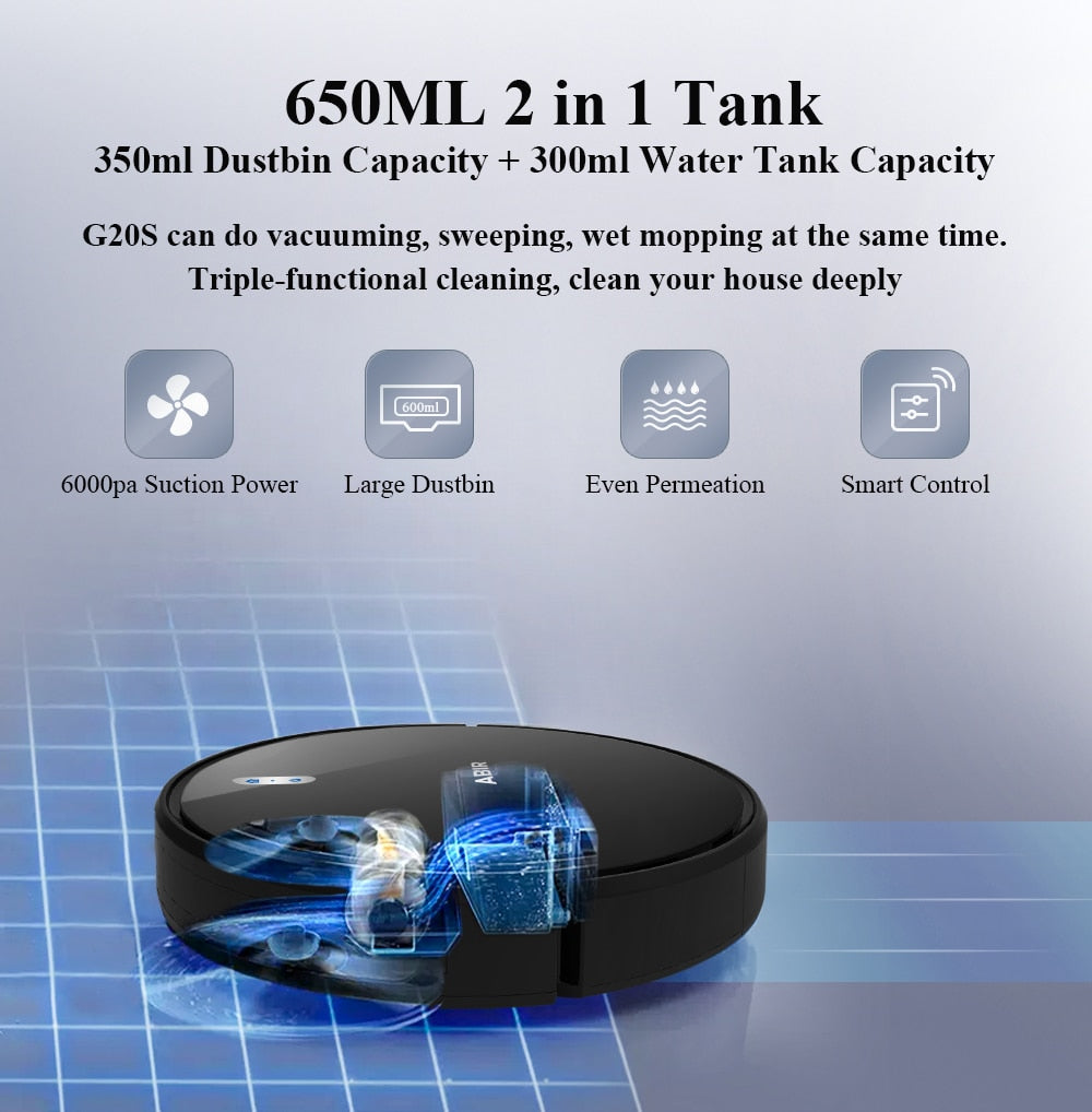 ABIR G20S Robot Mop,Map Memory,6000Pa Suction,Remote Upgrade, Electric Wet Mop,WIFI APP Smart Floor Washing for Home