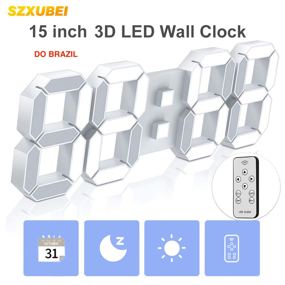 SZXUBEI 3D LED Digital Wall Clock Large Alarm Clock Remote Control Snooze Auto Dimming 12/24H Time Date Temp Loop Display 15inch