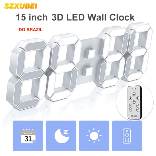 SZXUBEI 3D LED Digital Wall Clock Large Alarm Clock Remote Control Snooze Auto Dimming 12/24H Time Date Temp Loop Display 15inch