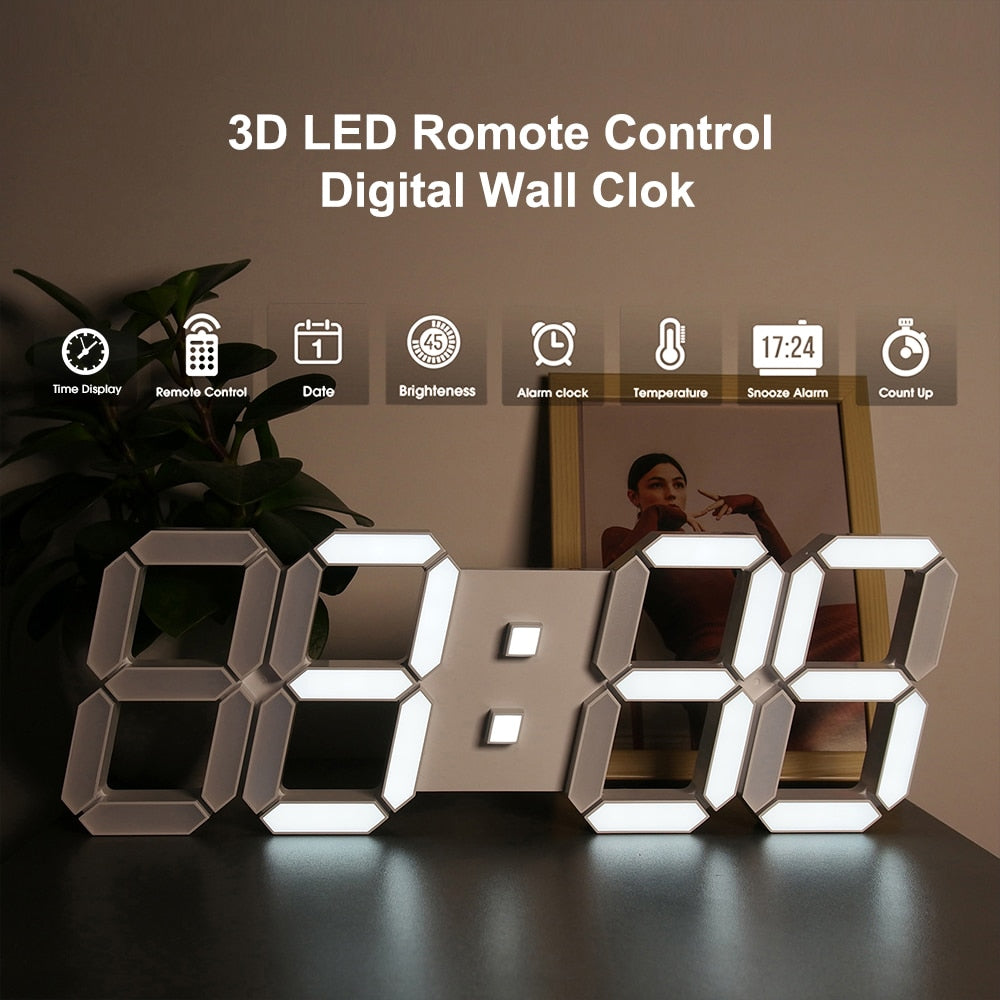 SZXUBEI 3D LED Digital Wall Clock Large Alarm Clock Remote Control Snooze Auto Dimming 12/24H Time Date Temp Loop Display 15inch