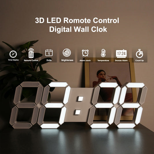 SZXUBEI 3D LED Digital Wall Clock Large Alarm Clock Remote Control Snooze Auto Dimming 12/24H Time Date Temp Loop Display 15inch