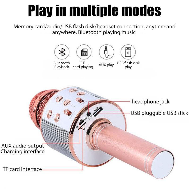 WS858 Microphone for Kids Singing 5 in 1 Wireless Bluetooth Microphone with LED Lights Machine Portable Mic Speaker New Gifts